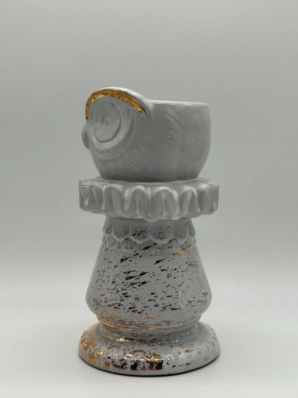 Anthropologie Stoneware Owl Chess Piece Vase Gray Gold Retired Regency Whimsical